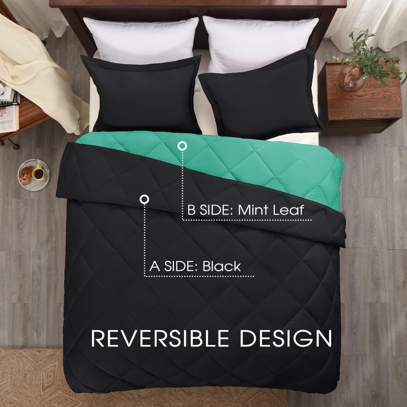 Basic Beyond Queen Comforter Set - Green Comforter Set Queen, Reversible Bed Comforter Queen Set for All Seasons, Black/Mint Leaf, 1 Comforter (88"x92") and 2 Pillow Shams (20"x26"+2") - Image 3